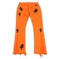 Chrome Hearts Orange Cotton Denim Jeans, front view showing distressed cross patch detailing