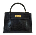 Hermes Kelly 32 Black Crocodile Gold Hardware Vintage