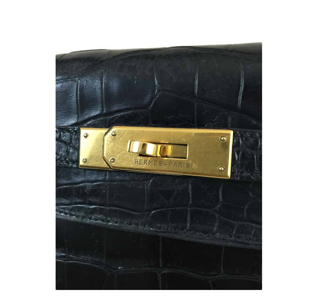 Hermes Kelly 32 Black Crocodile Gold Hardware Vintage