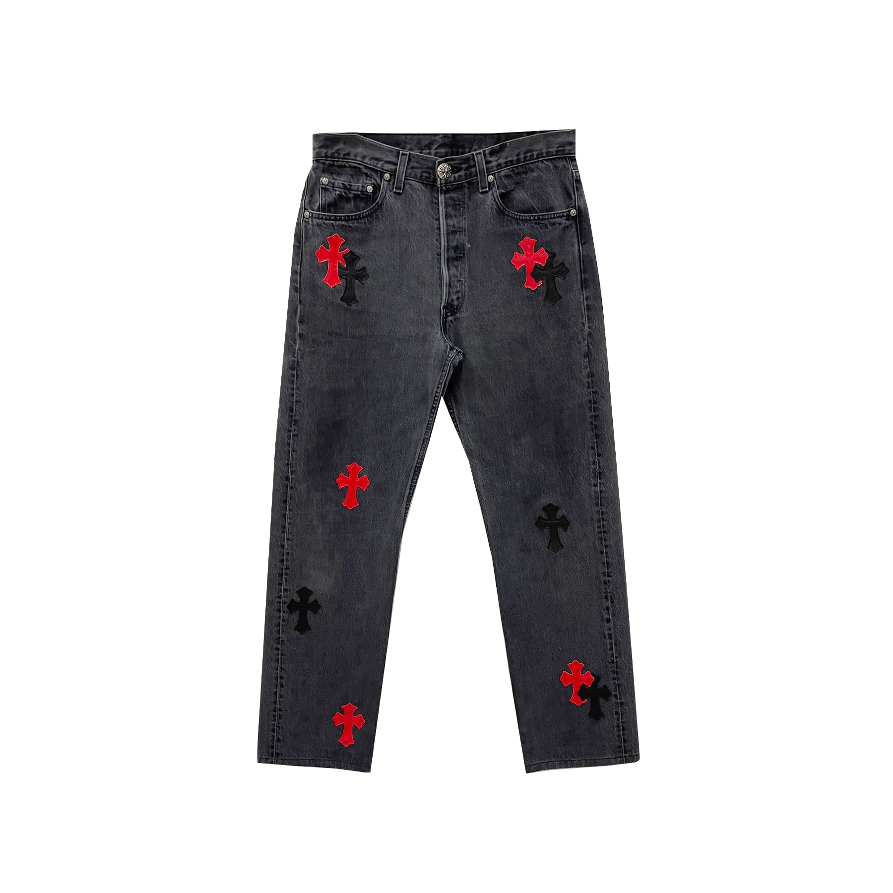 Chrome Hearts Levi's 501 Grey Denim Jeans, black and red cross patch detailing on grey wash