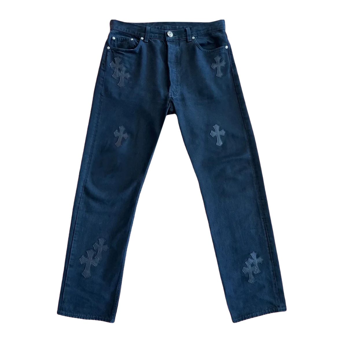 Chrome Hearts Blue Denim Jeans, Levi's collaboration with cross patch detailing on the back pocket