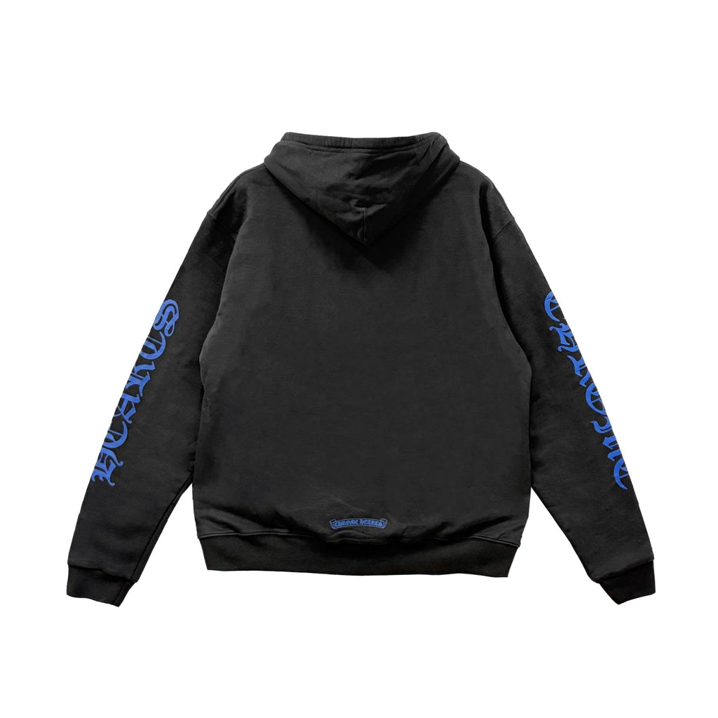etail of the Blue Script graphics on the back of the Chrome Hearts Thermal Zip Up Hoodie – High-End Streetwear Apparel.