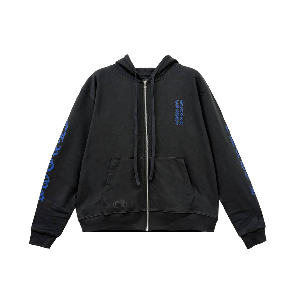 Chrome Hearts Blue Script Thermal Zip Up Hoodie, Black Thermal Cotton, Luxury Streetwear Front View.
