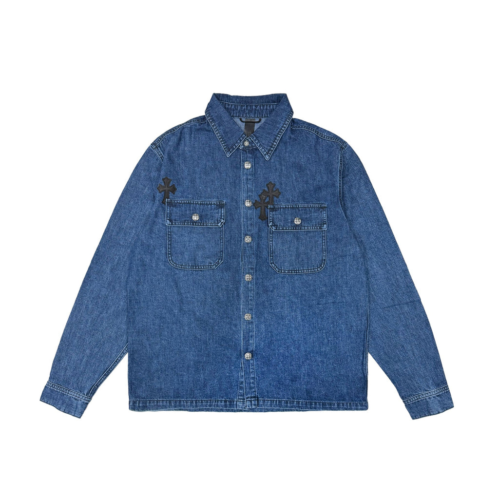 Chrome Hearts Denim Leather Cross Work Dog Shirt Jacket in Indigo Blue