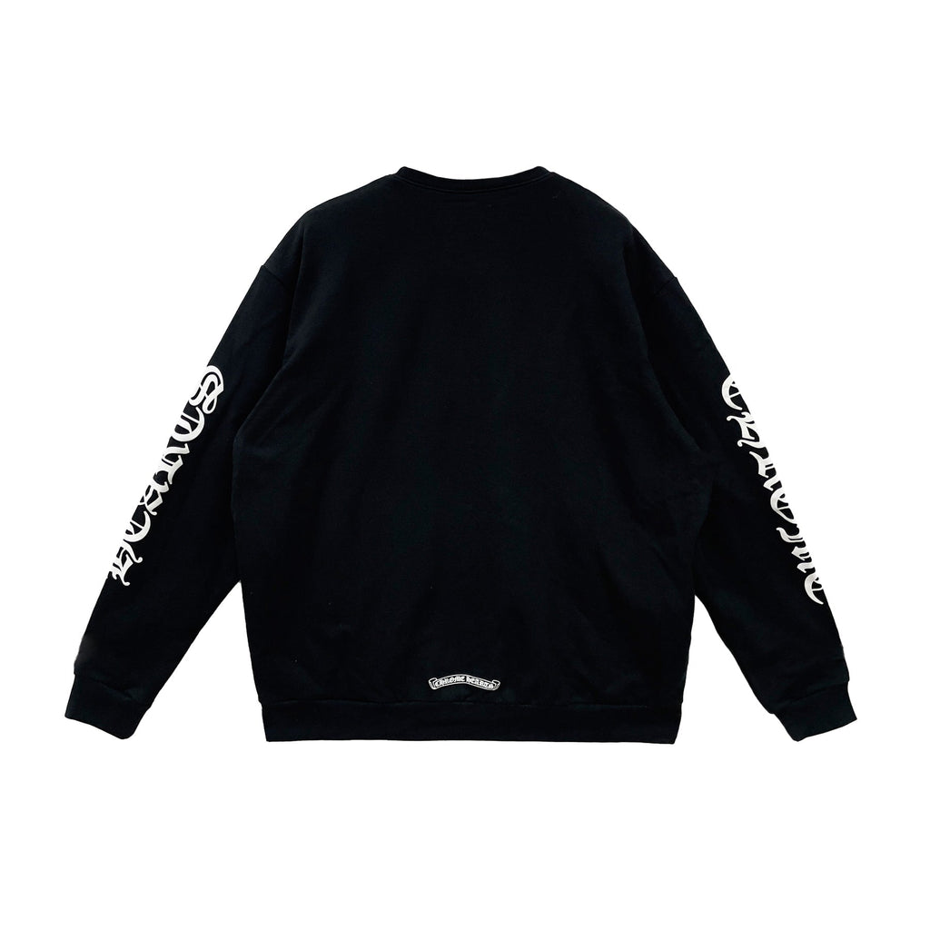 Black sweatshirt with white text on sleeves against a white background