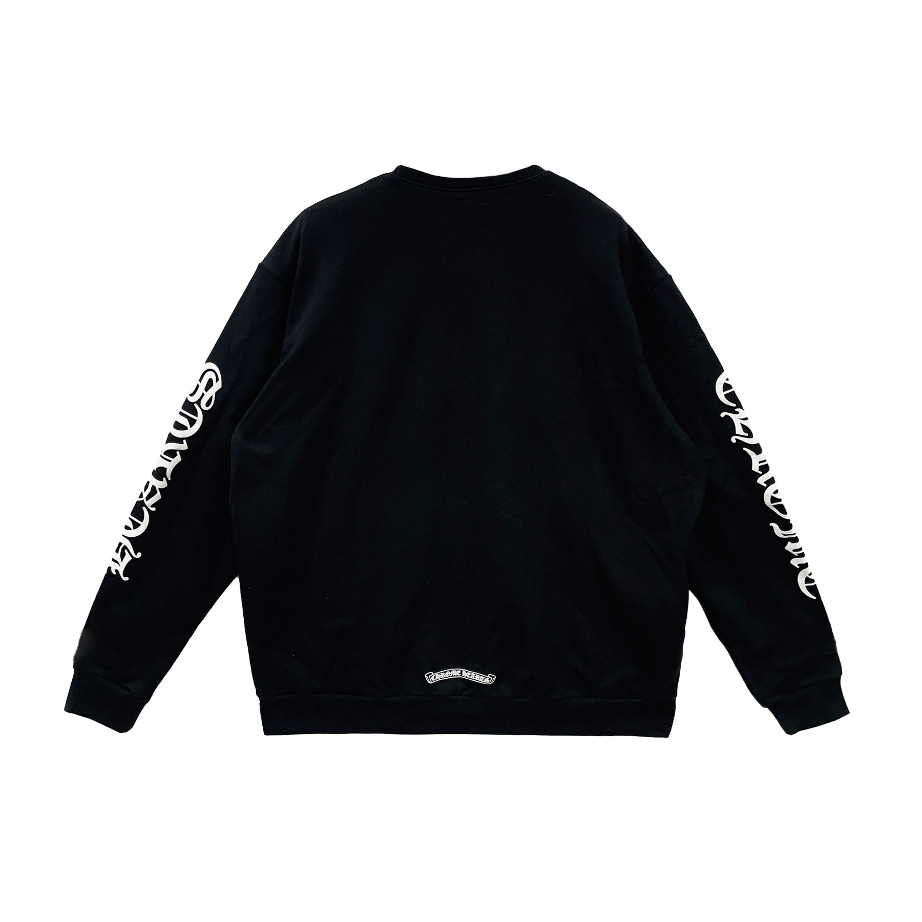Black sweatshirt with white text on sleeves against a white background
