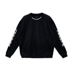 Full front view of the Chrome Hearts Crewneck Pullover showcasing the Neck Script logo and White Script on the sleeves.