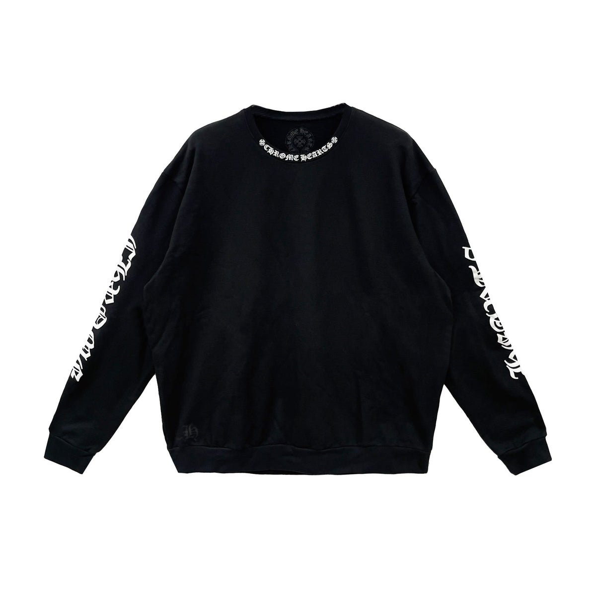 Full front view of the Chrome Hearts Crewneck Pullover showcasing the Neck Script logo and White Script on the sleeves.