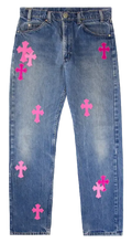 Chrome Hearts Blue Cotton Denim Jeans, tricolor leather cross patch detailing, classic five-pocket construction