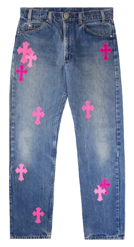 Chrome Hearts Blue Cotton Denim Jeans, tricolor leather cross patch detailing, classic five-pocket construction