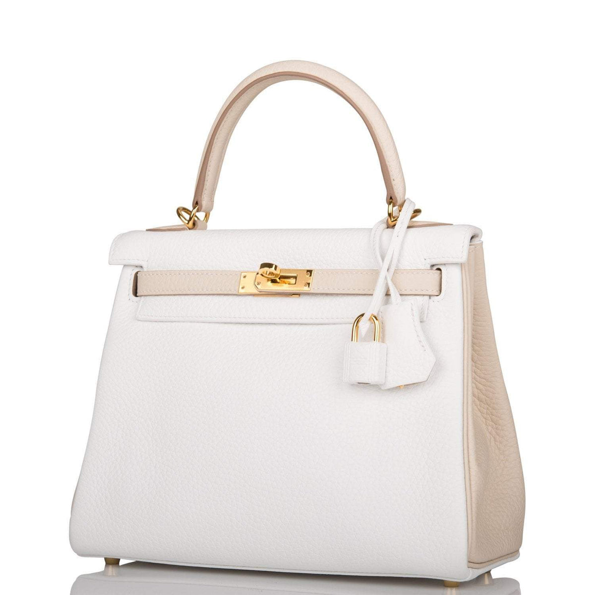 Hermes Horseshoe Stamp (HSS) Bi-Color White and Trench Clemence Retourne Kelly 25cm Gold Hardware