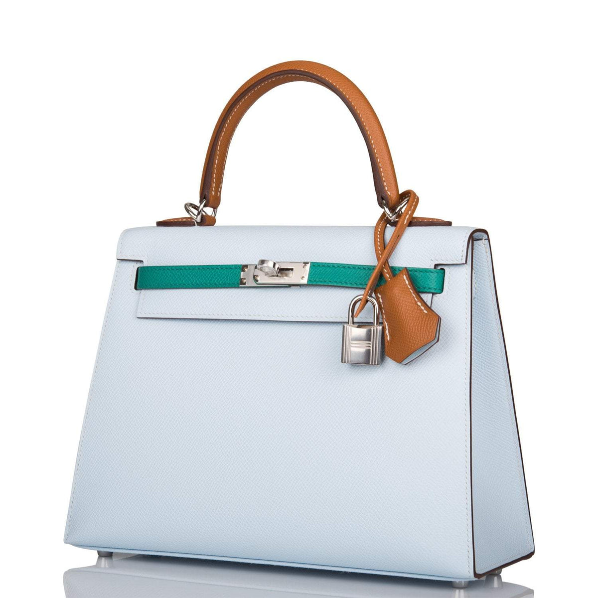 Hermes Tri-Color Bleu Brume, Vert Jade and Gold Epsom Sellier Kelly 25cm Palladium Hardware
