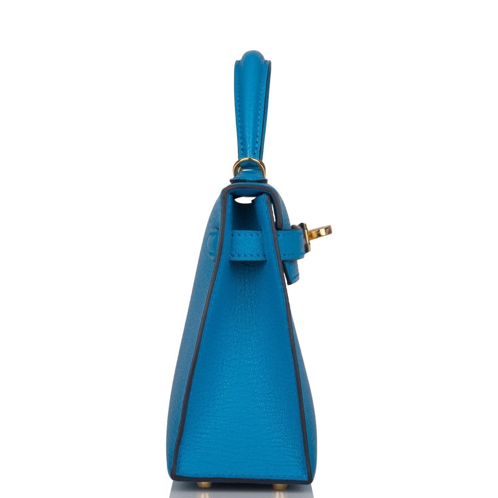 Hermes Bleu Frida Chevre Mysore Sellier Kelly 20cm Gold Hardware