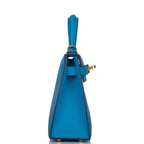 Hermes Bleu Frida Chevre Mysore Sellier Kelly 20cm Gold Hardware