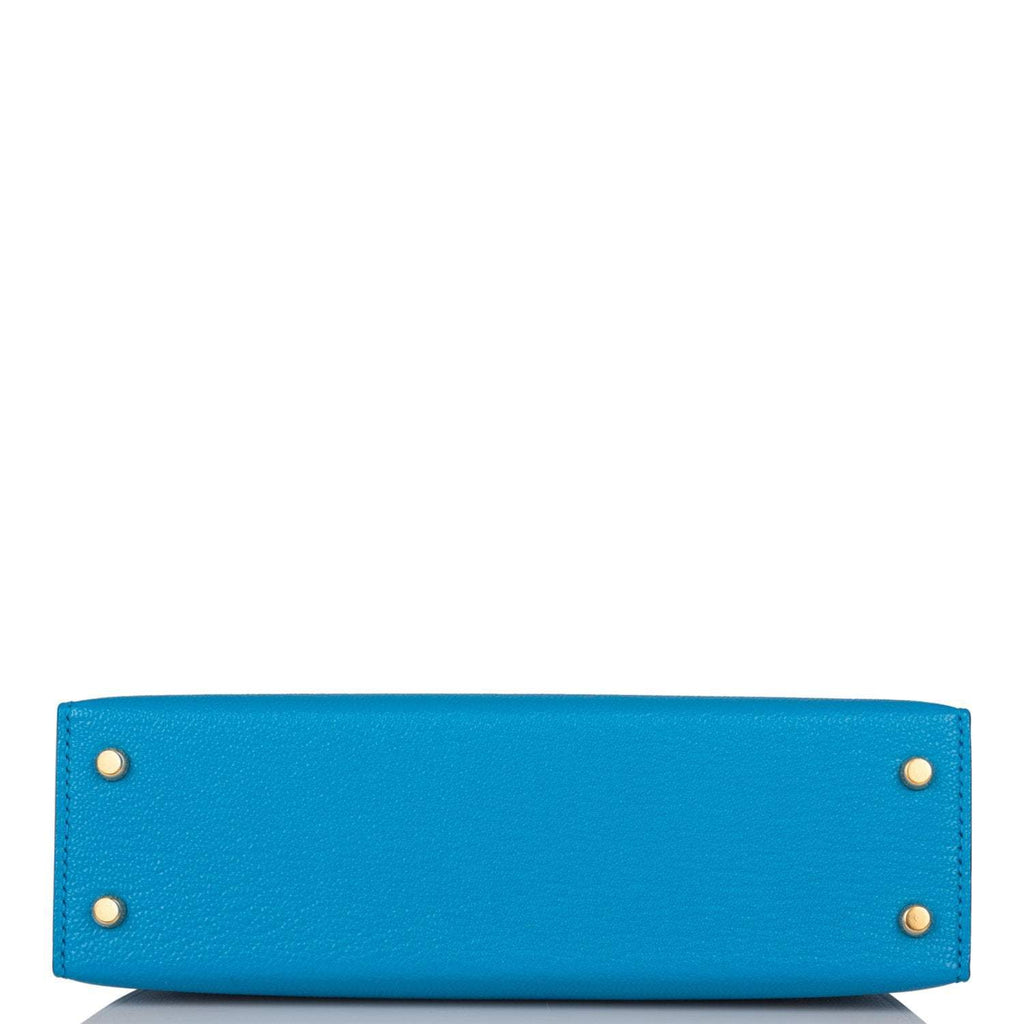 Hermes Bleu Frida Chevre Mysore Sellier Kelly 20cm Gold Hardware
