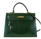 Hermes Kelly Sellier 35 Vert Emerald Alligator Gold Hardware