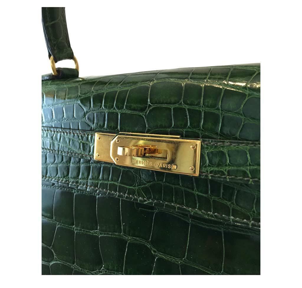 Hermes Kelly Sellier 35 Vert Emerald Alligator Gold Hardware
