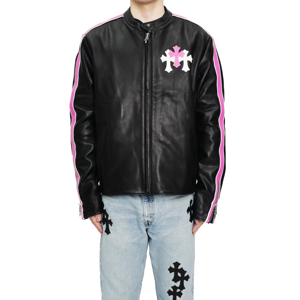 Chrome Hearts White & Pink Cross Leather Patch Jacket in Black