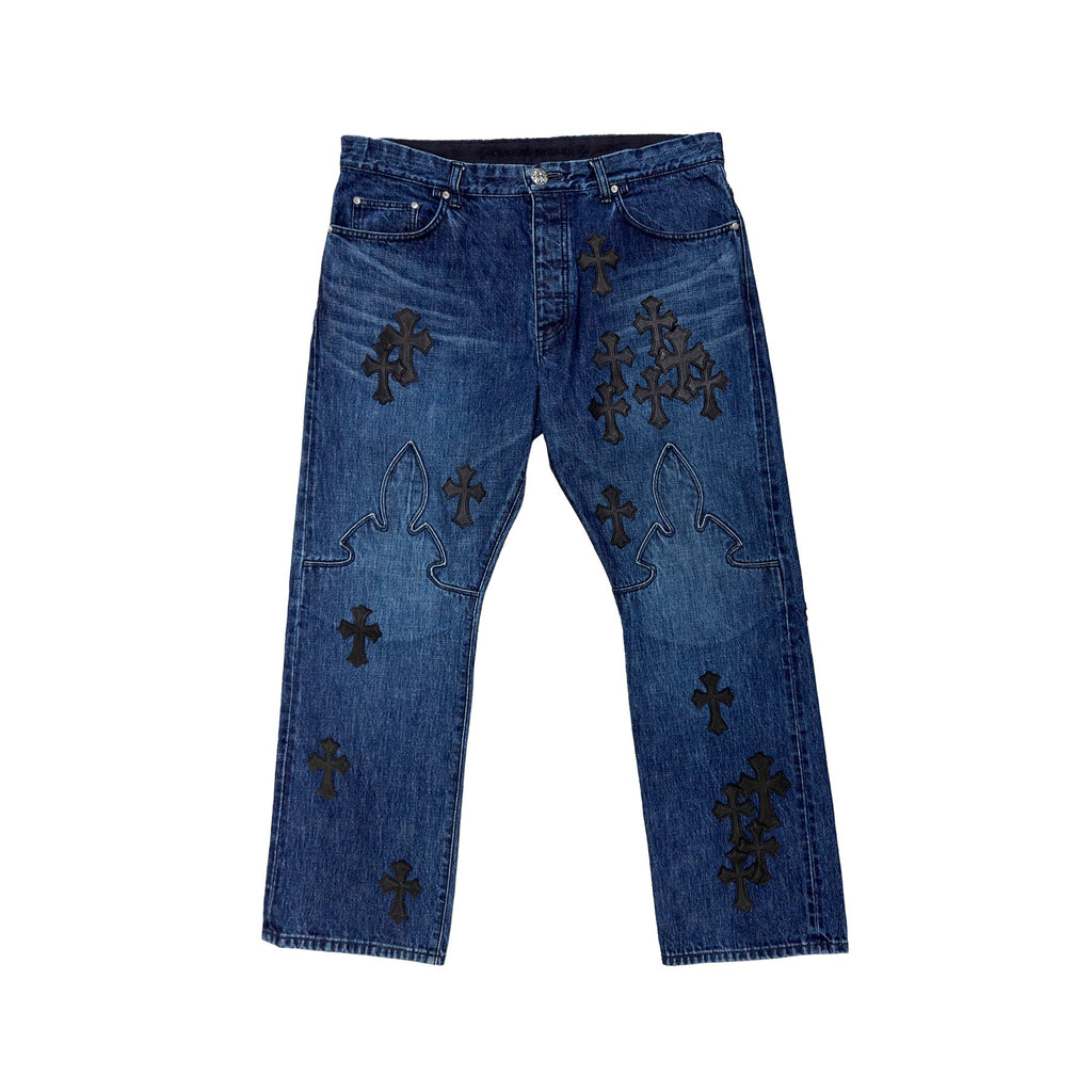 Chrome Hearts Black Cross Leather Patch Fleur Knee Jeans – Blue front view