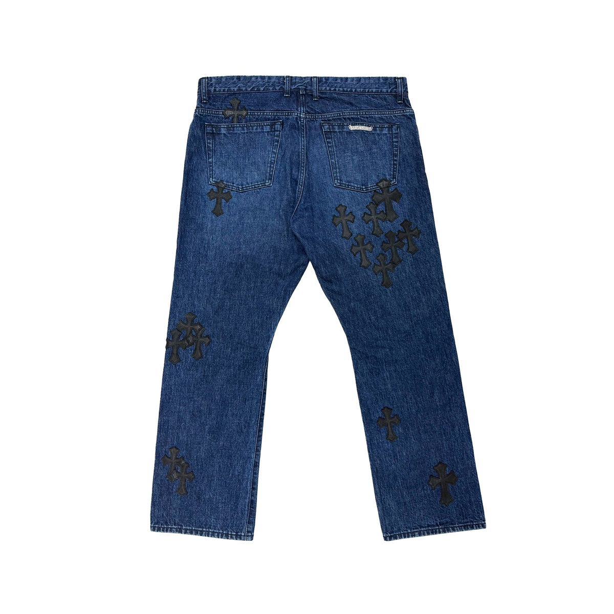 Chrome Hearts Black Cross Leather Patch Fleur Knee Jeans – Blue back view