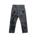 Chrome Hearts Black and Grey Silver Cross Patch Jeans front view