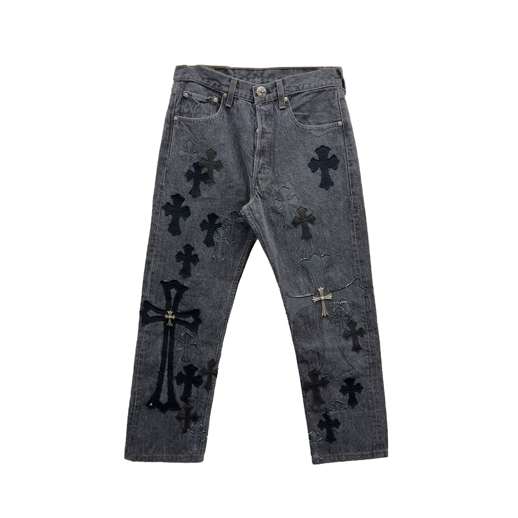 Chrome Hearts Black and Grey Silver Cross Patch Jeans front view