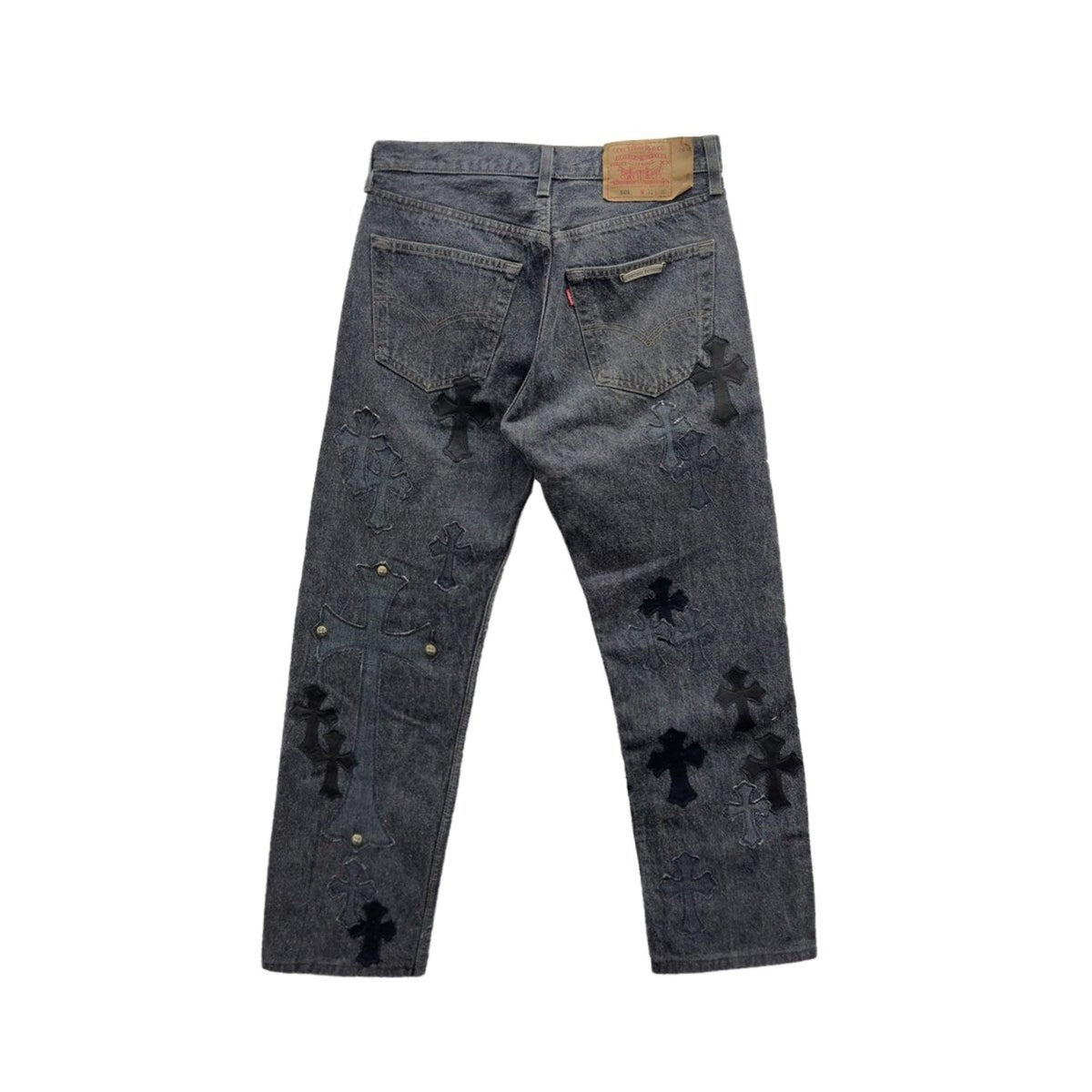 Chrome Hearts Black and Grey Silver Cross Patch Jeans back view