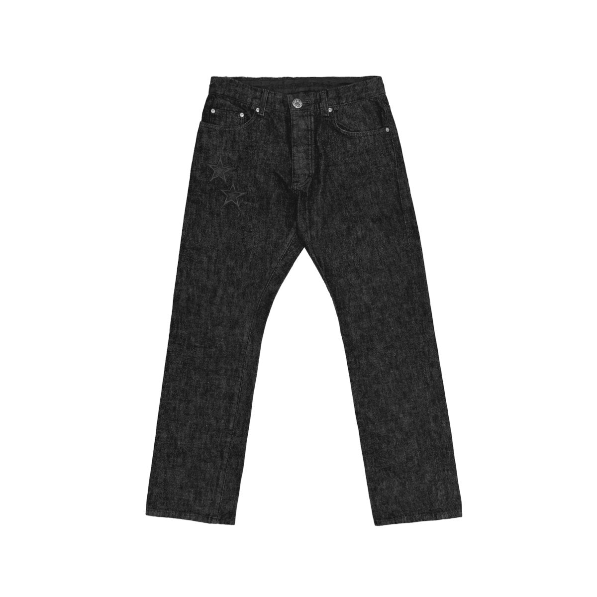Chrome Hearts Grey Denim Star Patch Jeans, black star leather patch design on grey wash
