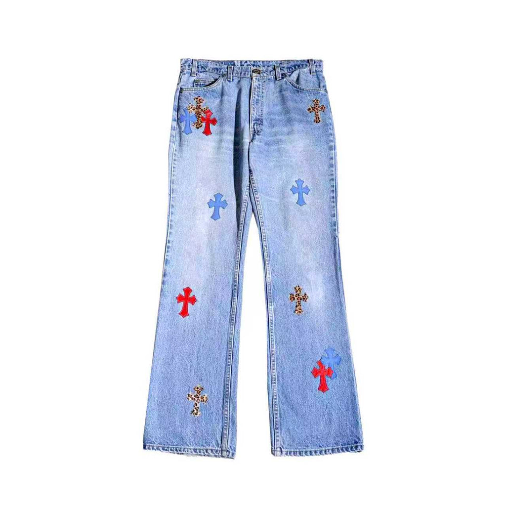 Chrome Hearts Blue Red and Leopard Cross Patch Jeans – Light Blue front view