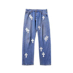 Chrome Hearts Drake Leather Cross Patch Jeans – Blue front view