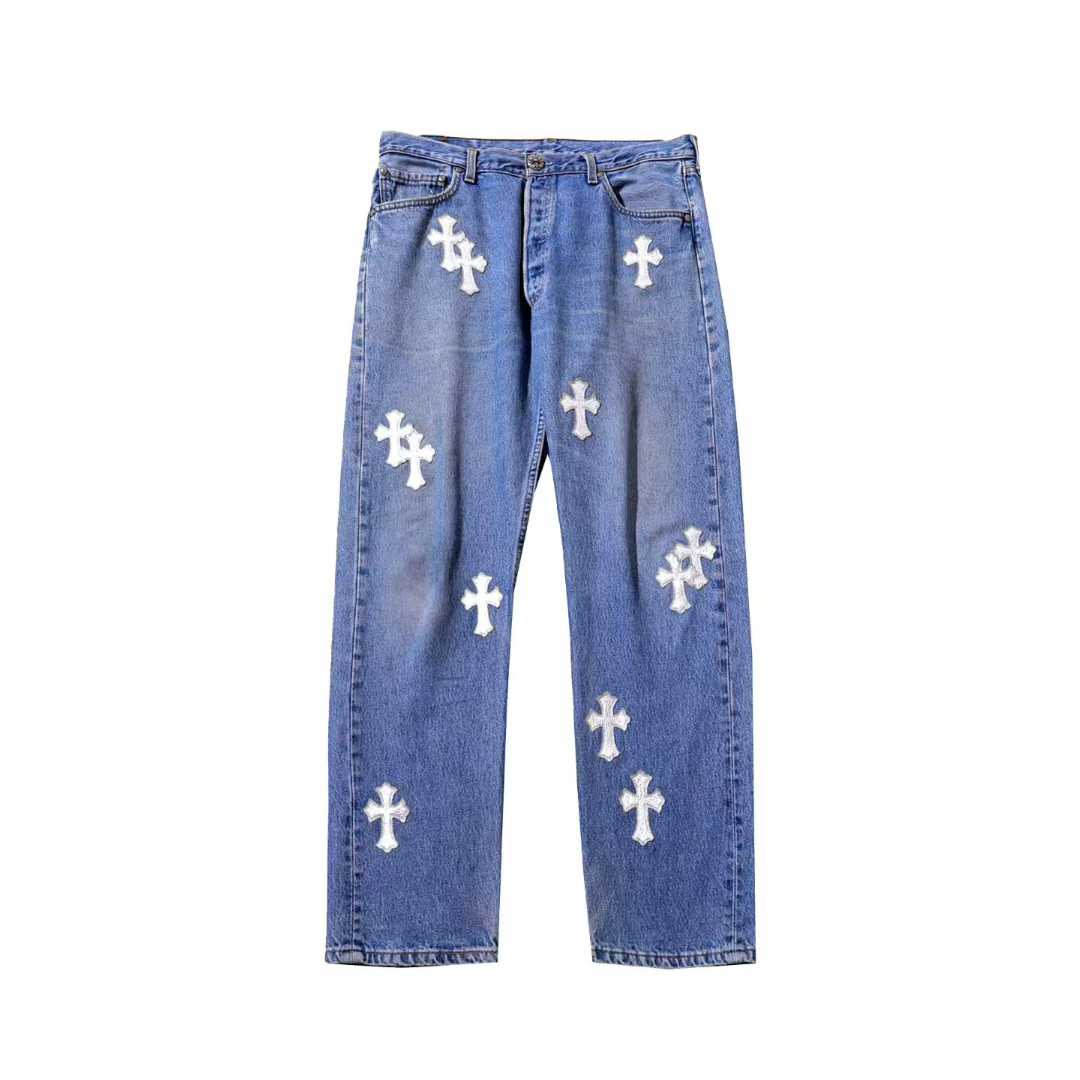Chrome Hearts Drake Leather Cross Patch Jeans – Blue front view