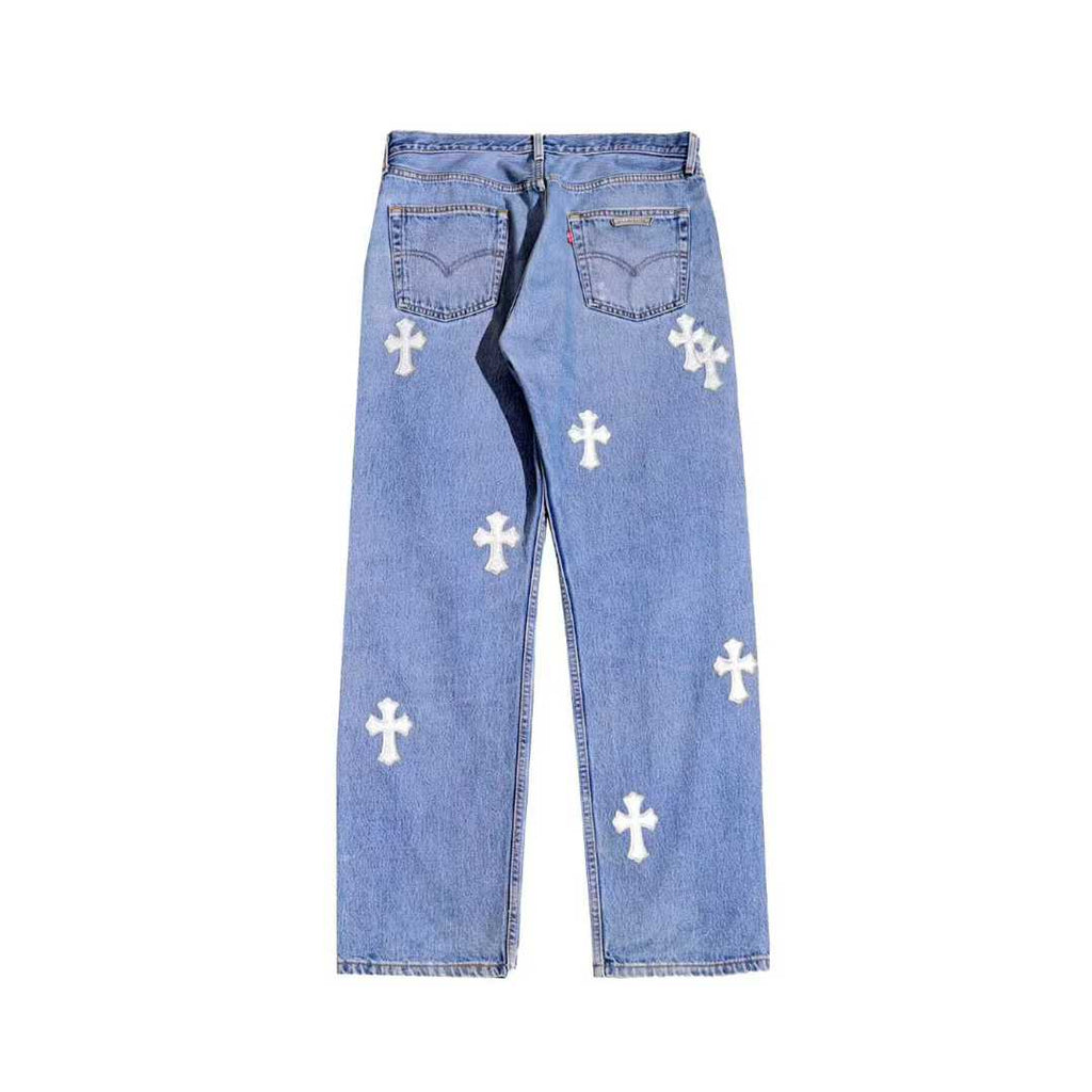 Chrome Hearts Drake Leather Cross Patch Jeans – Blue back view