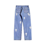 Chrome Hearts Drake Leather Cross Patch Jeans – Blue back view