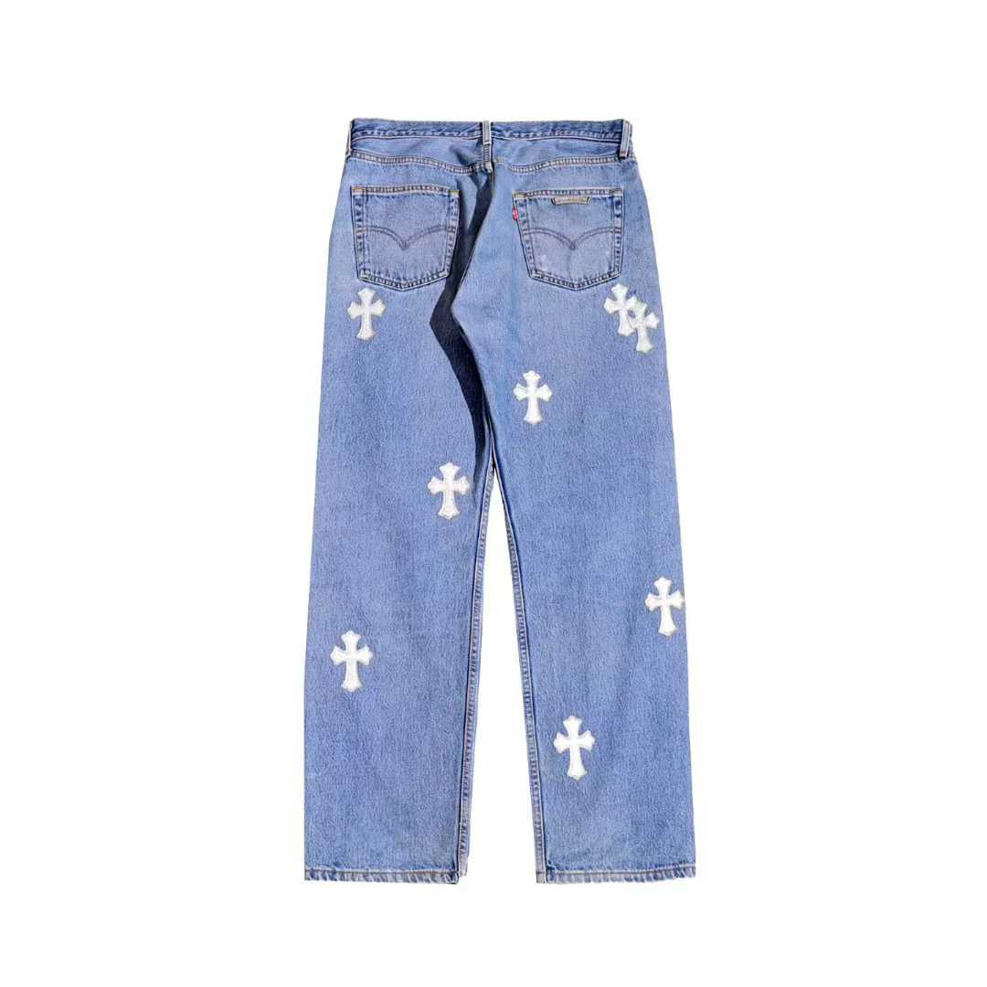 Chrome Hearts Drake Leather Cross Patch Jeans – Blue back view