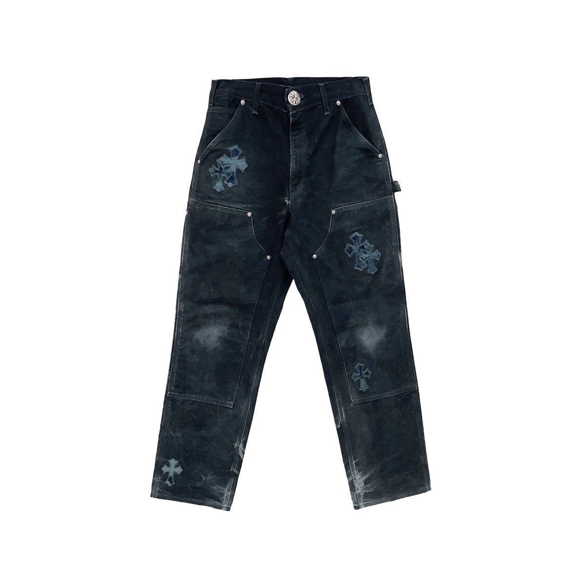Chrome Hearts Black Canvas Carpenter Pants, faded double-knee design with collaborative branding detail