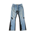 Chrome Hearts Blue Cotton Denim Flare Jeans, Gallery Dept collaboration, front view showing flared silhouette and cross patch detail