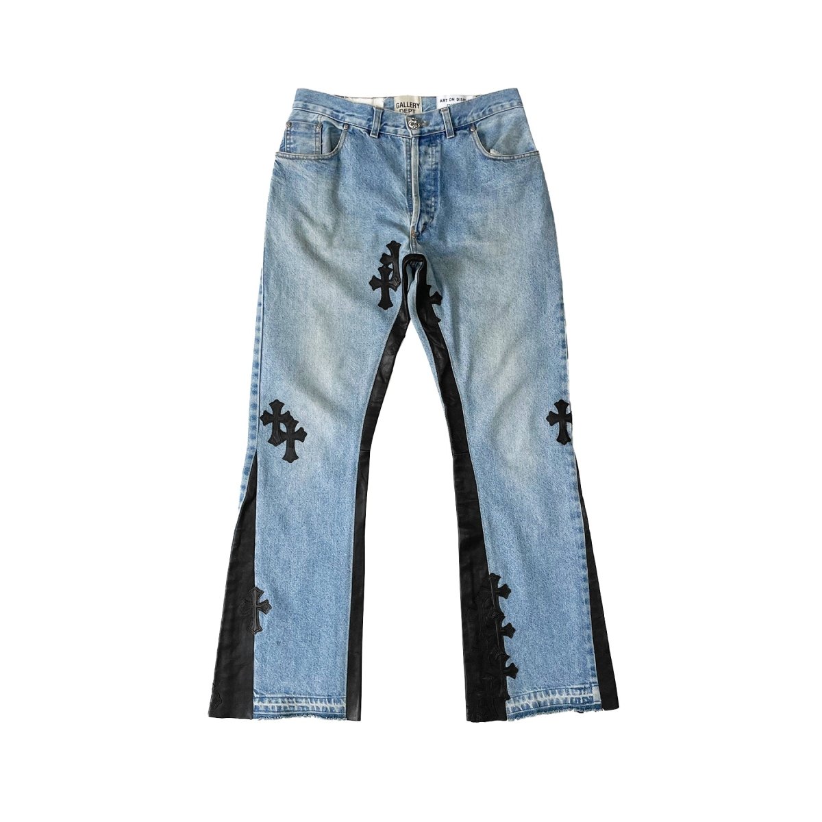 Chrome Hearts Blue Cotton Denim Flare Jeans, Gallery Dept collaboration, front view showing flared silhouette and cross patch detail