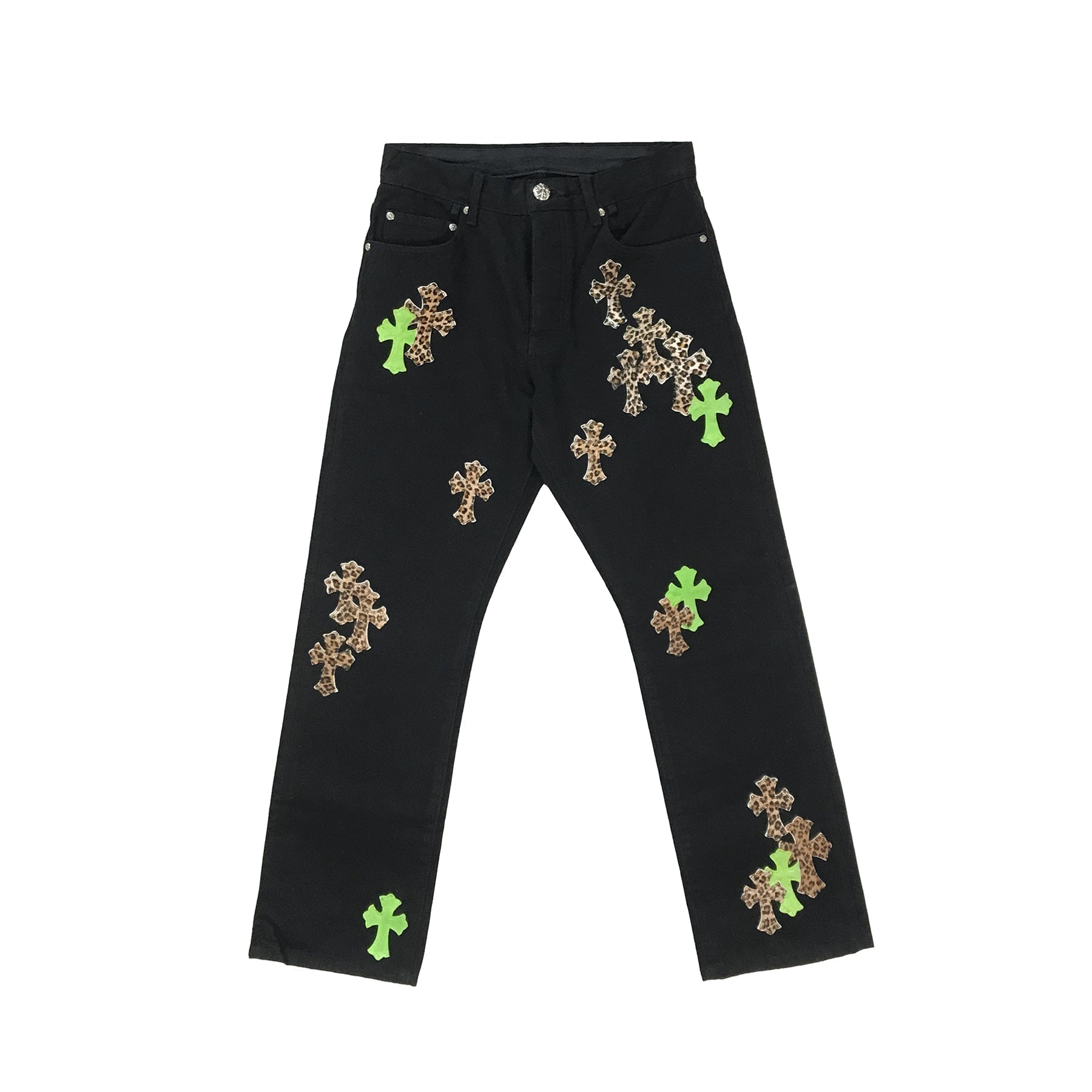 Chrome Hearts Leopard Green Cross Patch Jeans – Black front view