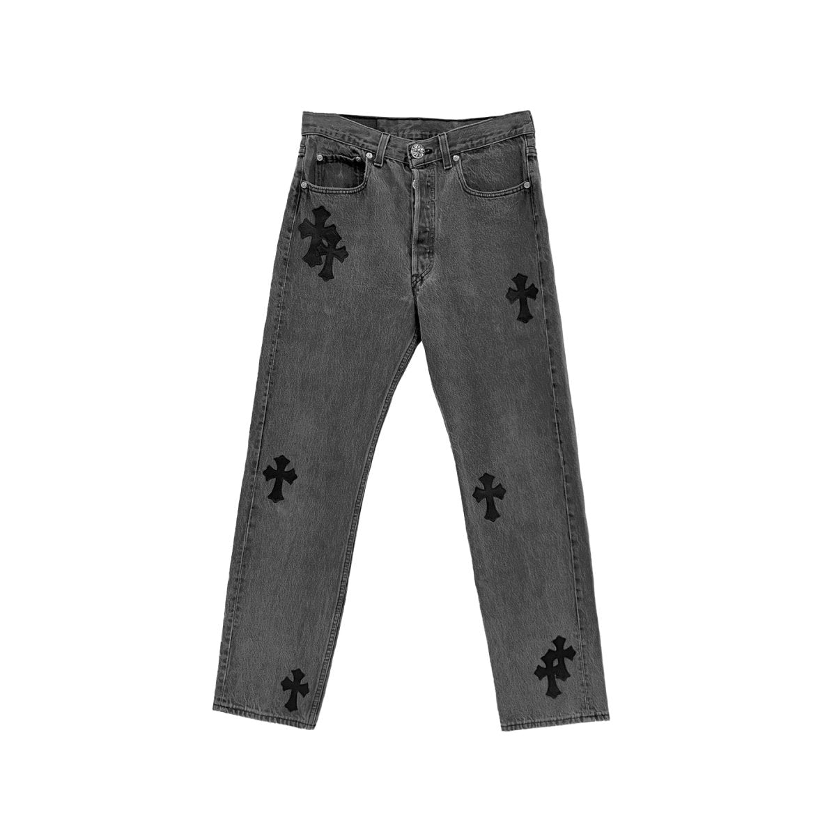 Chrome Hearts Levi's Grey Cotton Denim Jeans, 501 collaboration, black cross patch detailing on grey wash