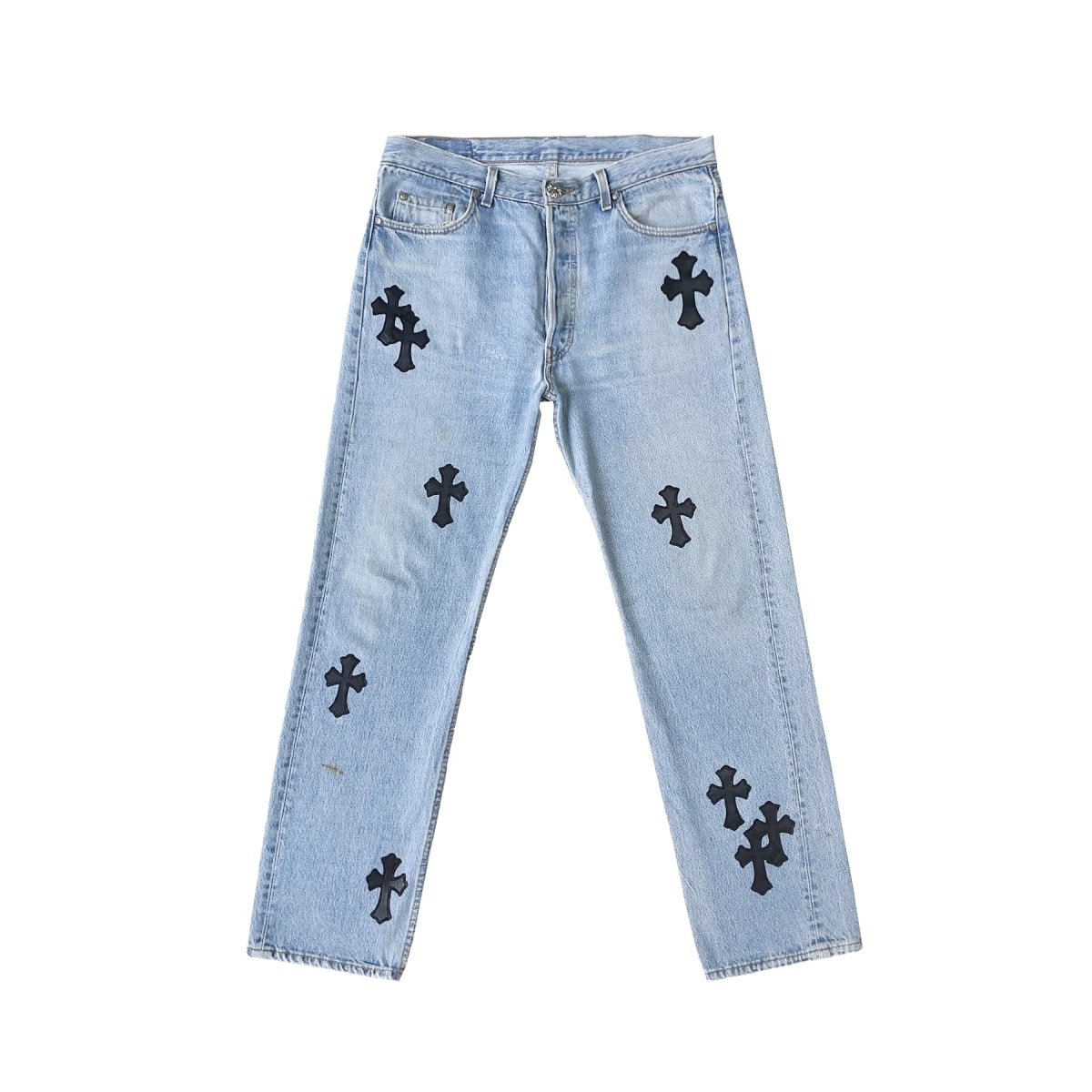 Chrome Hearts Levi's 501 Blue Denim Jeans, black cross patch detailing on classic straight fit
