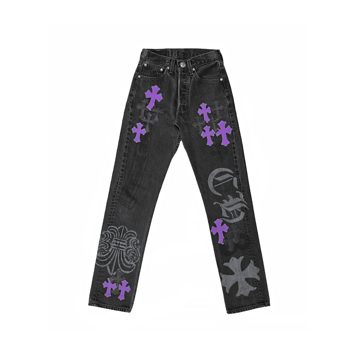 Chrome Hearts Levi's Grey Denim Cross Patch Jeans, 501 collaboration, black and purple cross patch on dark grey wash