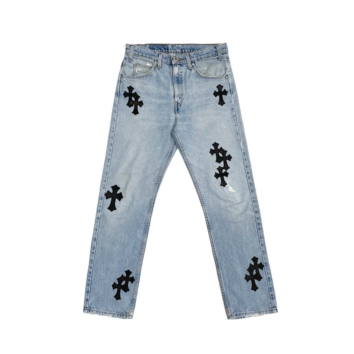 Chrome Hearts Levi's Blue Cotton Denim Jeans, 505 collaboration, black cross patch detailing on light blue wash