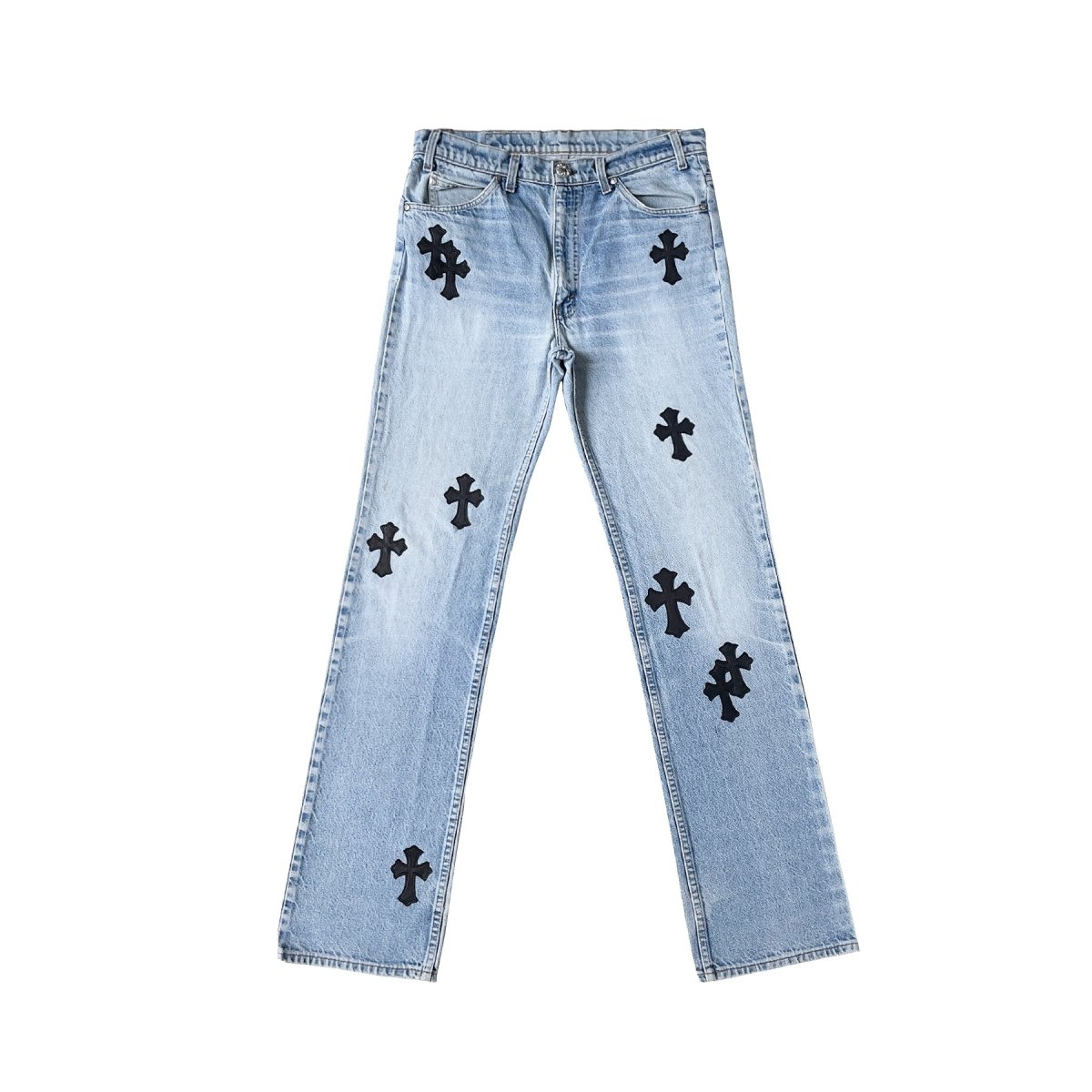 Chrome Hearts Levi's Blue Denim Bootcut Jeans, 517 collaboration, black cross patch on light blue wash