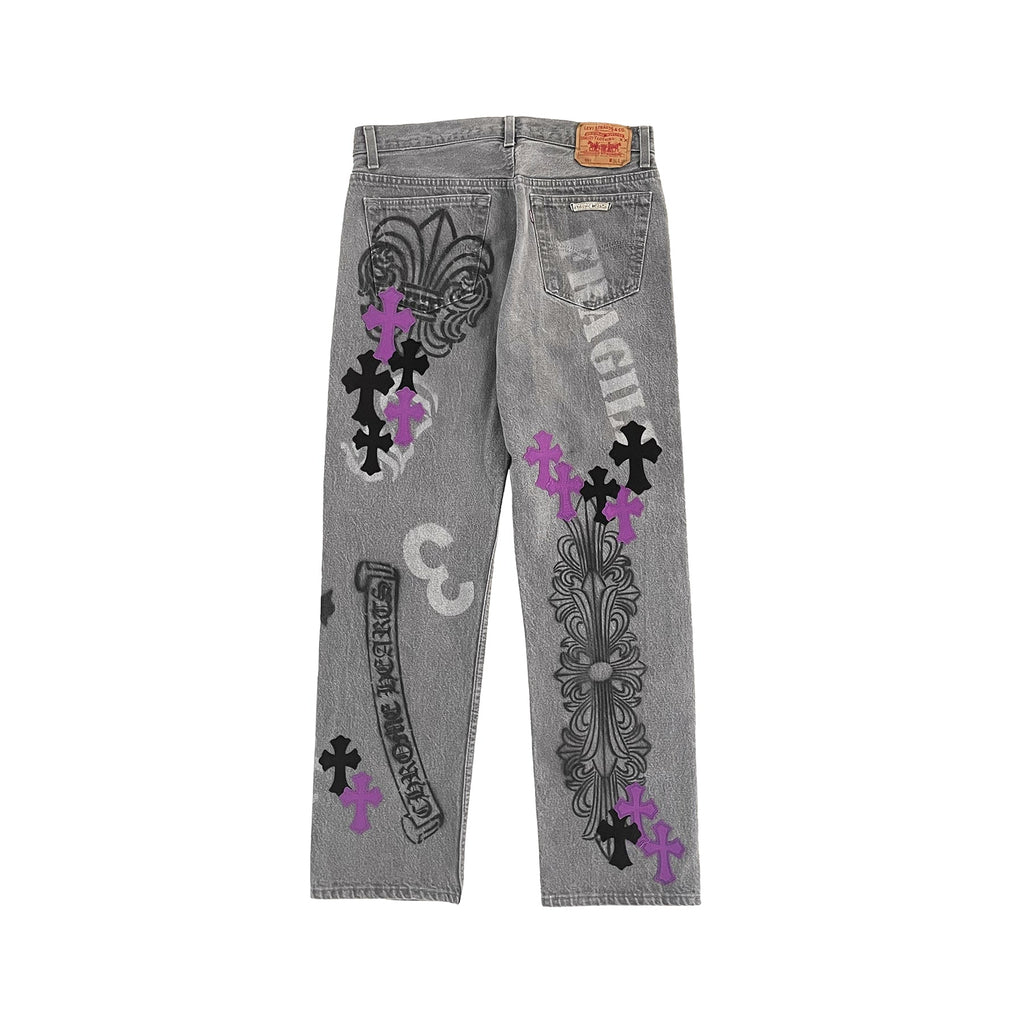 Chrome Hearts Online Exclusive Cross Patch Stencil Jeans – Light Grey back view
