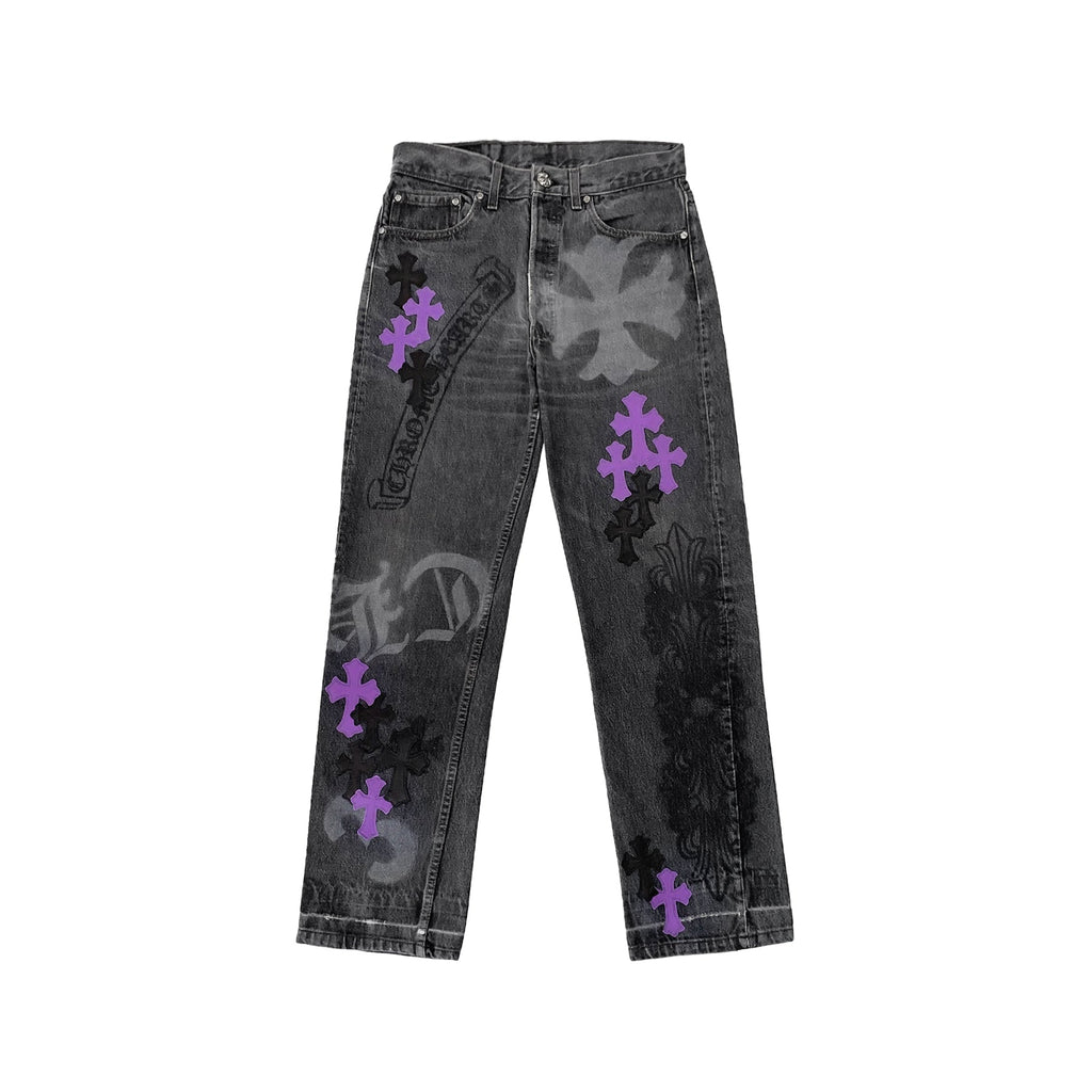 Chrome Hearts Online Exclusive Purple Spray Cross Jeans – Washed Grey front view