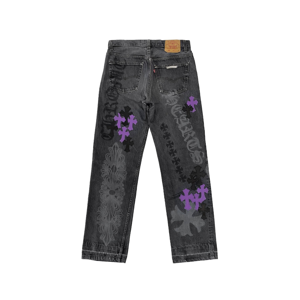 Chrome Hearts Online Exclusive Purple Spray Cross Jeans – Washed Grey back view