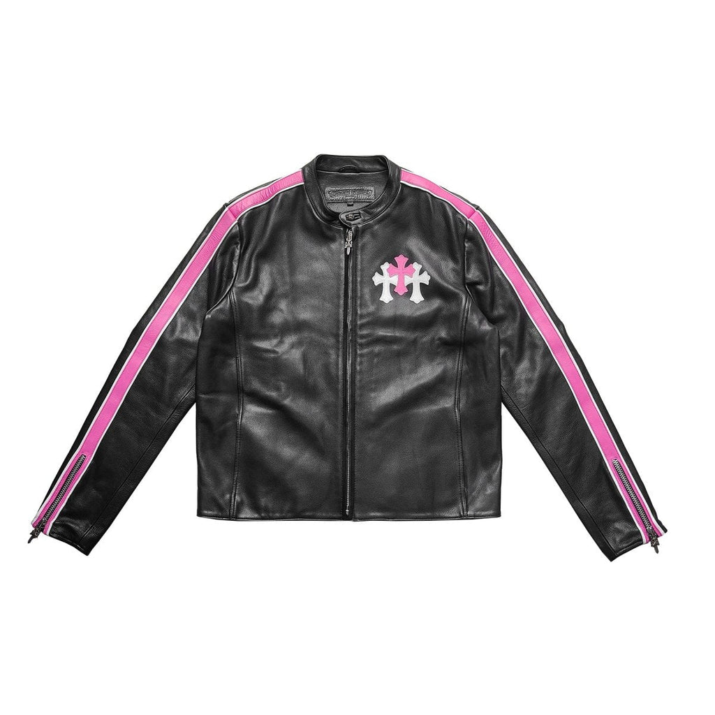 Chrome Hearts White & Pink Cross Leather Patch Jacket in Black