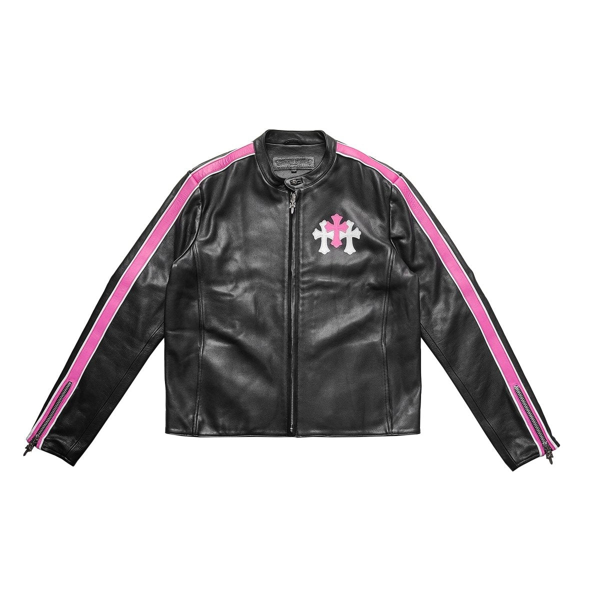 Chrome Hearts White & Pink Cross Leather Patch Jacket in Black