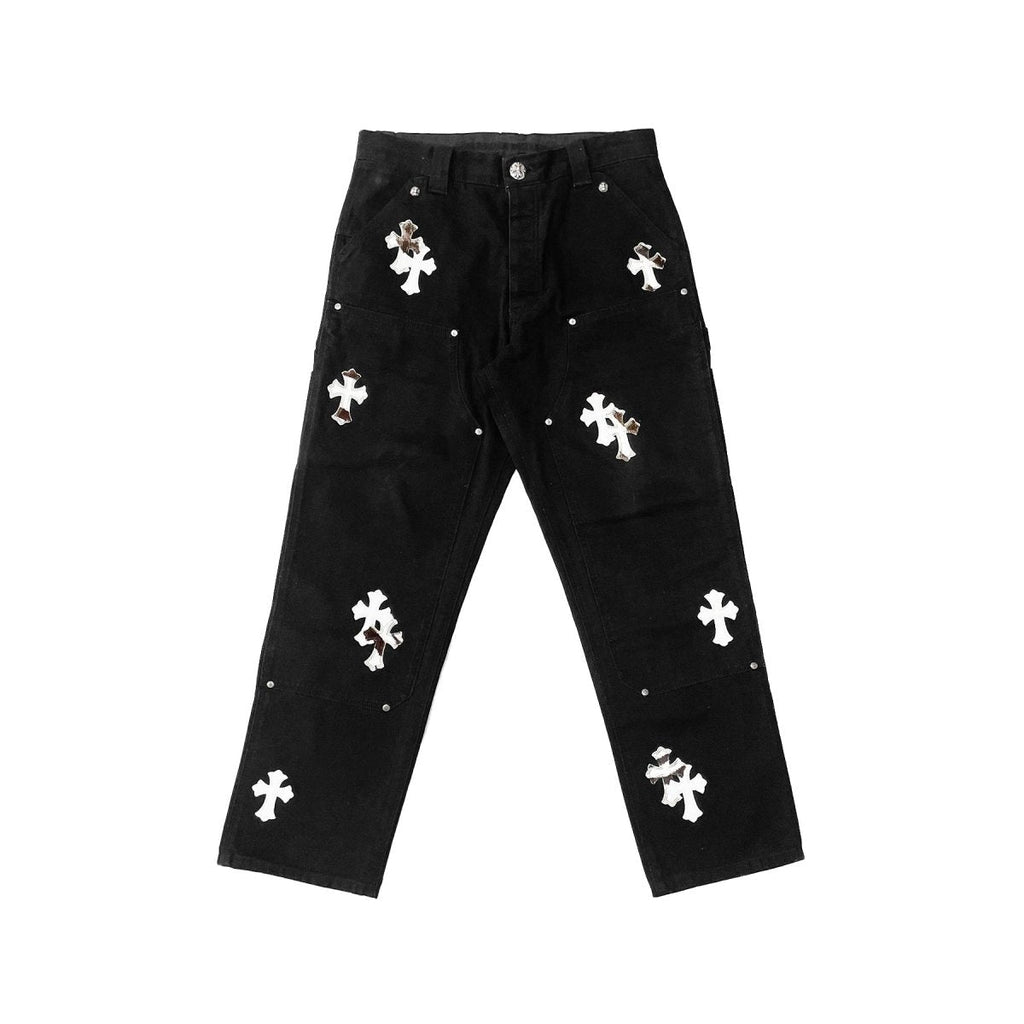 Chrome Hearts White & Zebra Cross Patch Double Knee Carpenter Pants in Black