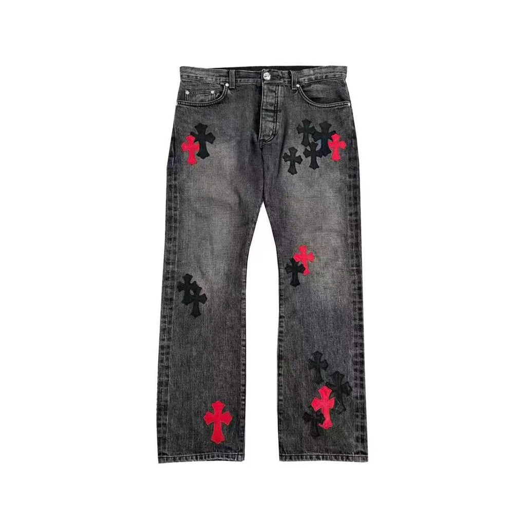 Chrome Hearts x Drake Black Red Cross Patch Jeans – Grey front view